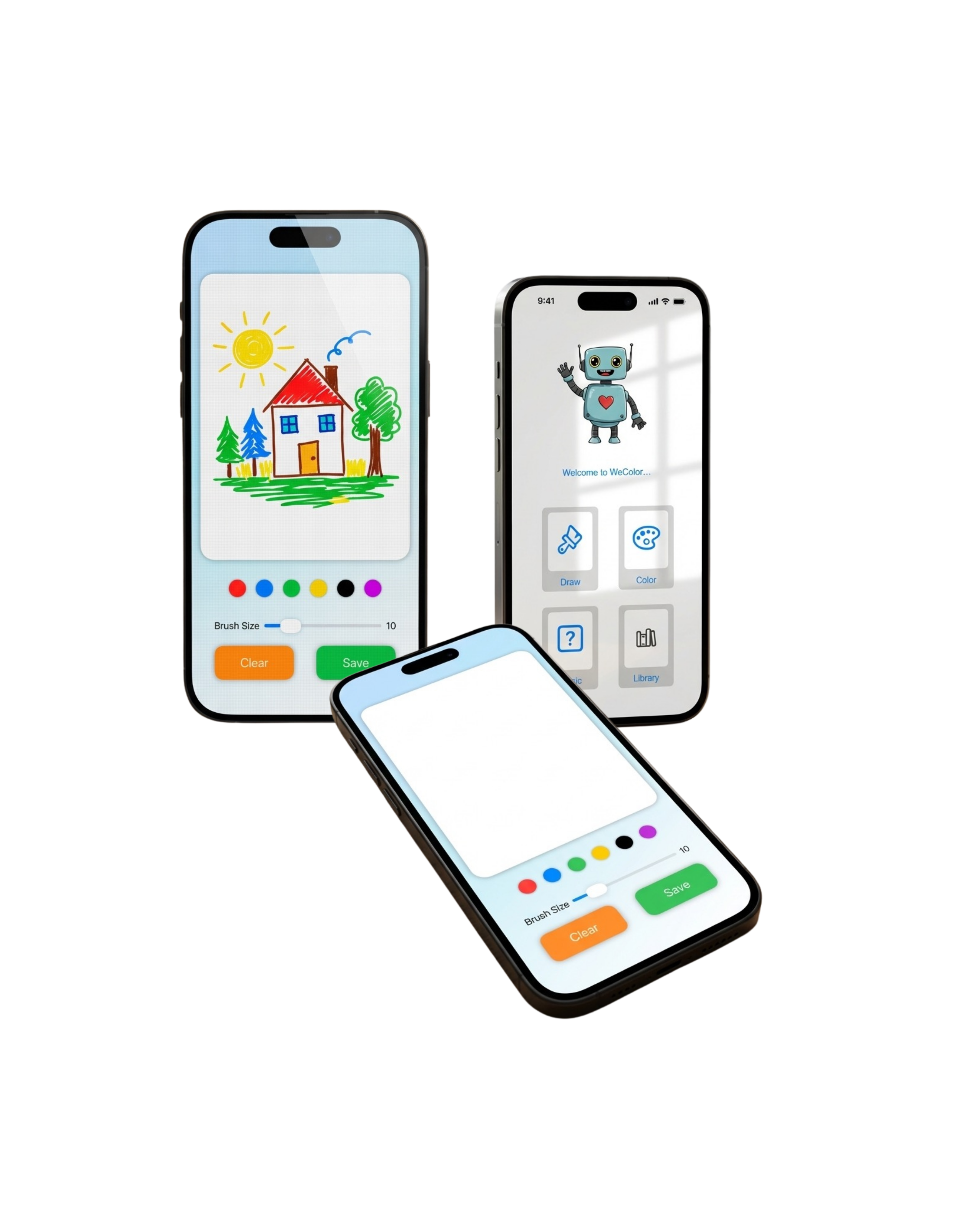 We Color app screens showing drawing canvas and home screen